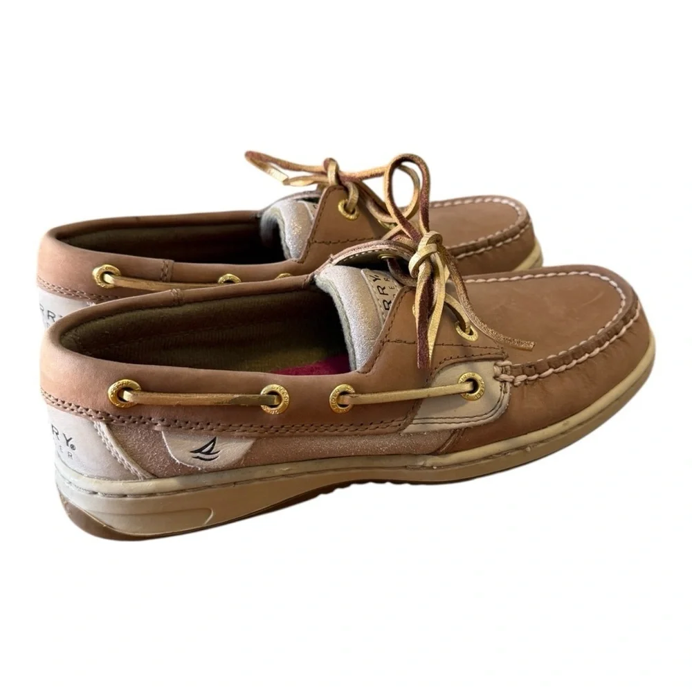 Sperry Top Sider Boat Shoes Womens Size 5M Tan Leather Gold Glitter Deck Lace Up